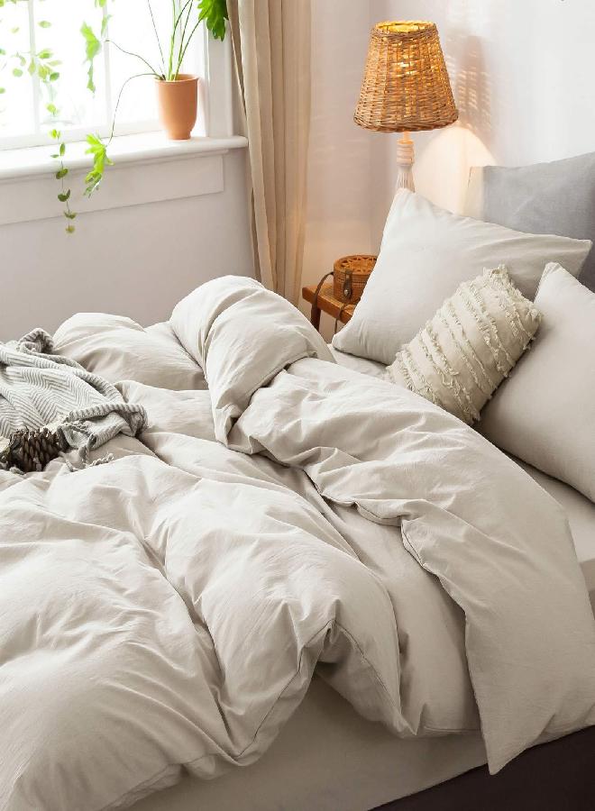 MooMee Bedding Duvet Cover Set 100% Washed Cotton Linen Like Textured Breathable Durable Soft Comfy (Tannish Cream Grey, Oversized King)