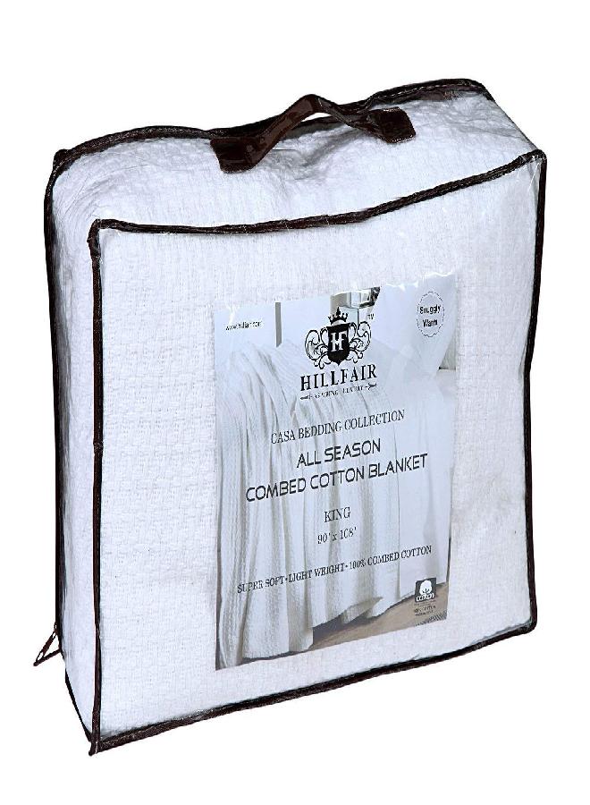HILLFAIR 100% Combed Cotton Blanket- California King Size Bed Blankets- Warm Soft All Season Breathable Blankets- Extra Large Oversized California King Blanket- White King Bed Cotton Blankets