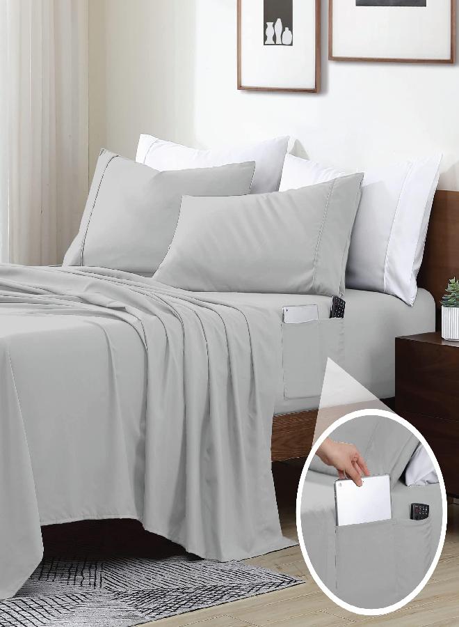 Swift Home Smart Sheets, Ultra Soft Brushed Microfiber 4-Piece Sheet Set, Fitted Bed Sheet with Side Storage Pockets - Silver, Queen