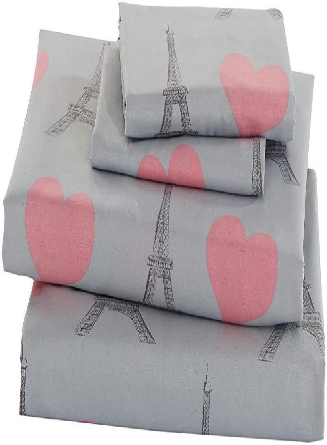 Elegant Home Multicolors Pink Grey Paris Eiffel Tower Bonjour Design with Hearts Fun Printed Sheet Set with Pillowcases Flat Fitted Sheet for Girls/Kids/Teens # Paris (Queen)