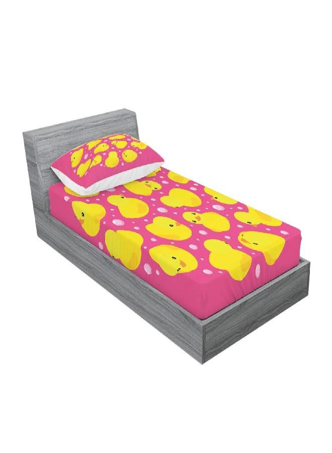 Ambesonne Rubber Duck Fitted Sheet & Pillow Sham Set, Fun Duckies Circle Pattern Bath Toys Bubbles Animal Print, Decorative Printed 2 Piece Bedding Decor Set, Twin, Yellow Pink