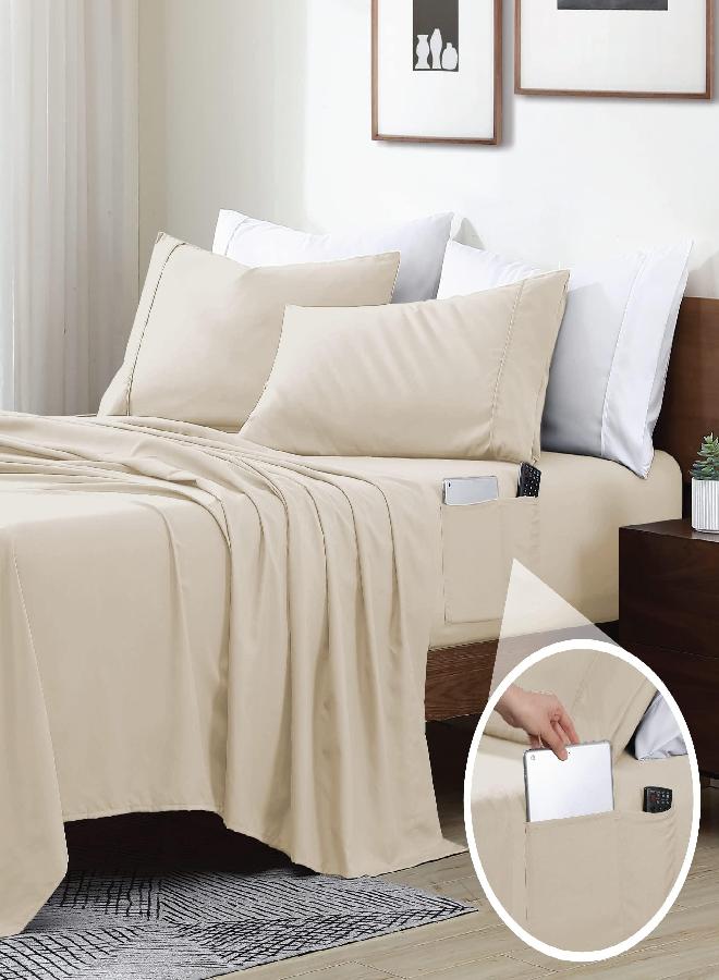 Swift Home Smart Sheets, Ultra Soft Brushed Microfiber 4-Piece Sheet Set, Fitted Bed Sheet with Side Storage Pockets - Cream, Queen