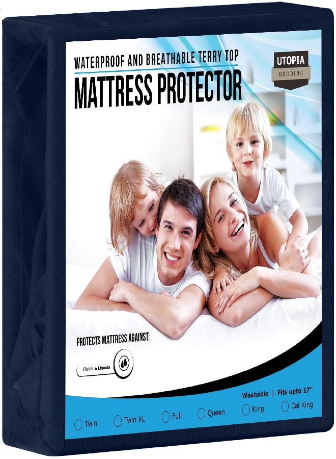 Utopia Bedding Premium Waterproof Terry Mattress Protector Queen 200 GSM, Mattress Cover, Breathable, Fitted Style with Stretchable Pockets (Navy)