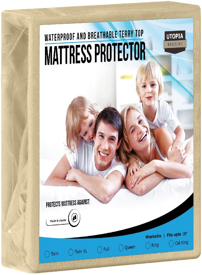 Utopia Bedding Premium Waterproof Terry Mattress Protector Twin 200 GSM, Mattress Cover, Breathable, Fitted Style with Stretchable Pockets (Beige)