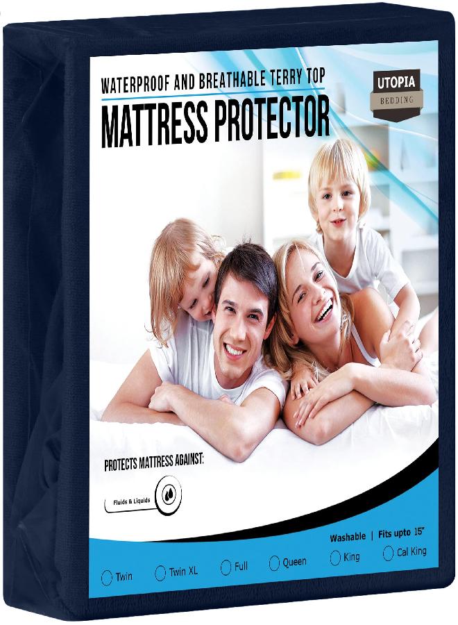 Utopia Bedding Premium Waterproof Terry Mattress Protector Twin 200 GSM, Mattress Cover, Breathable, Fitted Style with Stretchable Pockets (Navy)