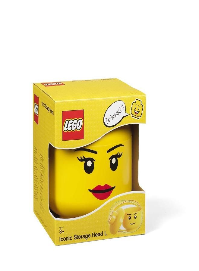 Lego Storage Head, Large, Girl, 9-1/2 x 9-1/2 x 10-3/4 Inches, Yellow
