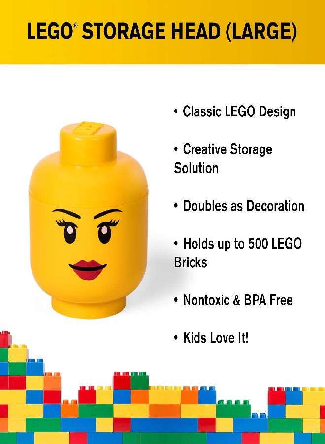 Lego Storage Head, Large, Girl, 9-1/2 x 9-1/2 x 10-3/4 Inches, Yellow