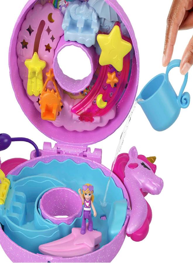 Polly Pocket Sparkle Cove Adventure Unicorn Floatie Compact Playset with 2 Micro Dolls, Color Change & Water Play