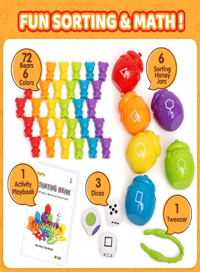 JOYIN 83Pcs Counting Sorting Bears Toy Set with 72 Bears in 6 Colors, 1 Tweezers, 6 Colorful Sorting Cups, 3 Dice and 1 Instruction Book, Educational Math Sensory Toy for Toddler Kids Boys Girls Gifts