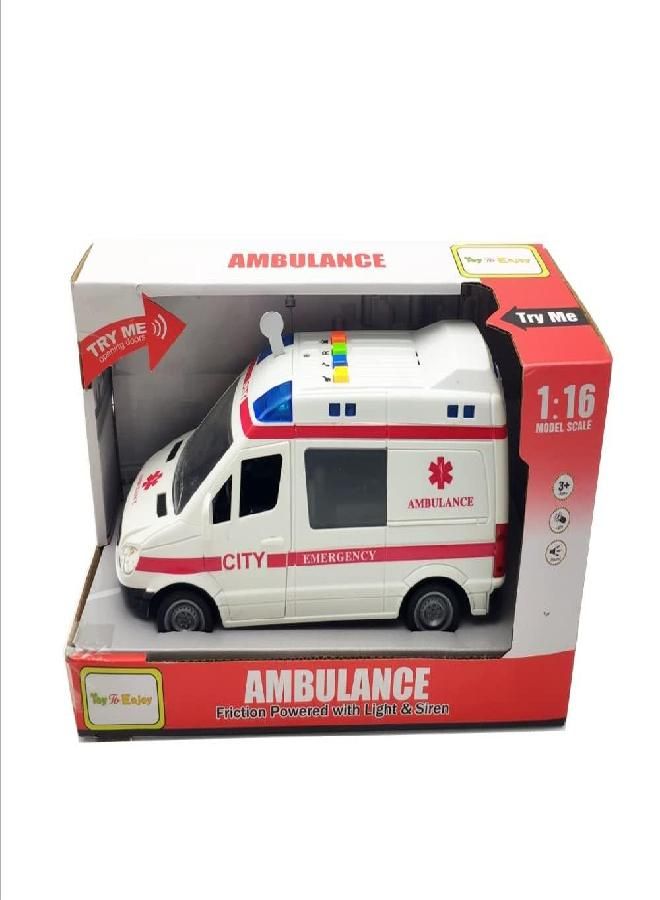 Toy To Enjoy Ambulance Toy Car with Light & Siren Sound Effects - Friction Powered Wheels & LED Lights - Medical Transport Emergency Vehicle, Heavy Duty Plastic Rescue Vehicle Toy for Kids & Children