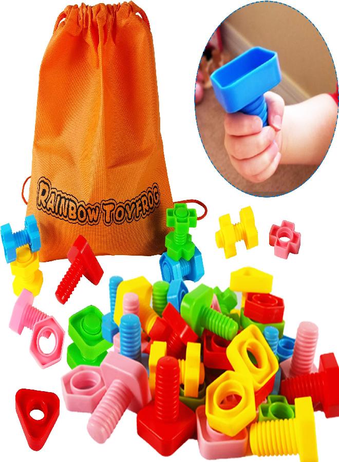 Rainbow TOYFROG Jumbo Nuts and Bolts Toddler Toys - 40 Busy Bolts with Storage Tote & Book - Toddler & Baby Occupational Therapy Toys - Develop Fine Motor Skills Through Play