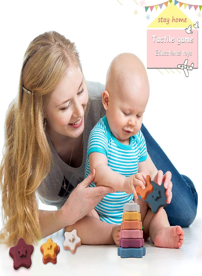Promise Babe Stacking Toys,Silicone Stacking Rings Teething Toy with Star Shape,Soft Building Blocks,Montessori Early Educational Toy for 6 Month+ Boys & Girls(6Pcs)