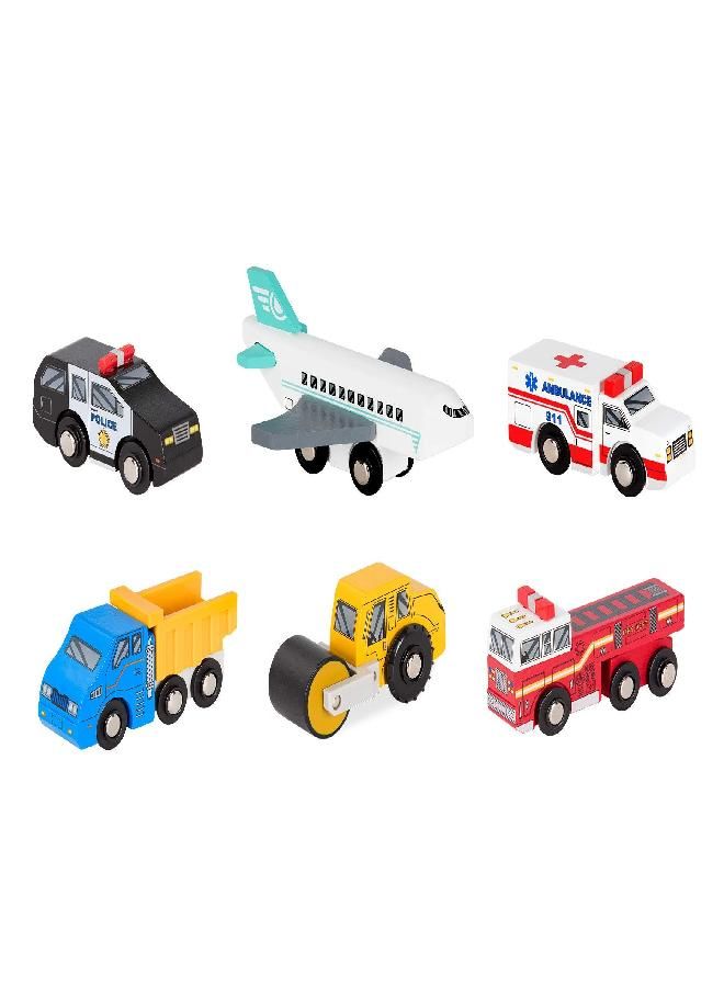 Battat - Miniature Toy Cars - 6pcs Wooden Minis - Classic Rescue & Construction Vehicles - Steamroller, Dump Truck - Wooden Vehicles Set 2 - 3 Years +