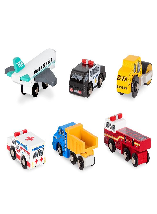 Battat - Miniature Toy Cars - 6pcs Wooden Minis - Classic Rescue & Construction Vehicles - Steamroller, Dump Truck - Wooden Vehicles Set 2 - 3 Years +