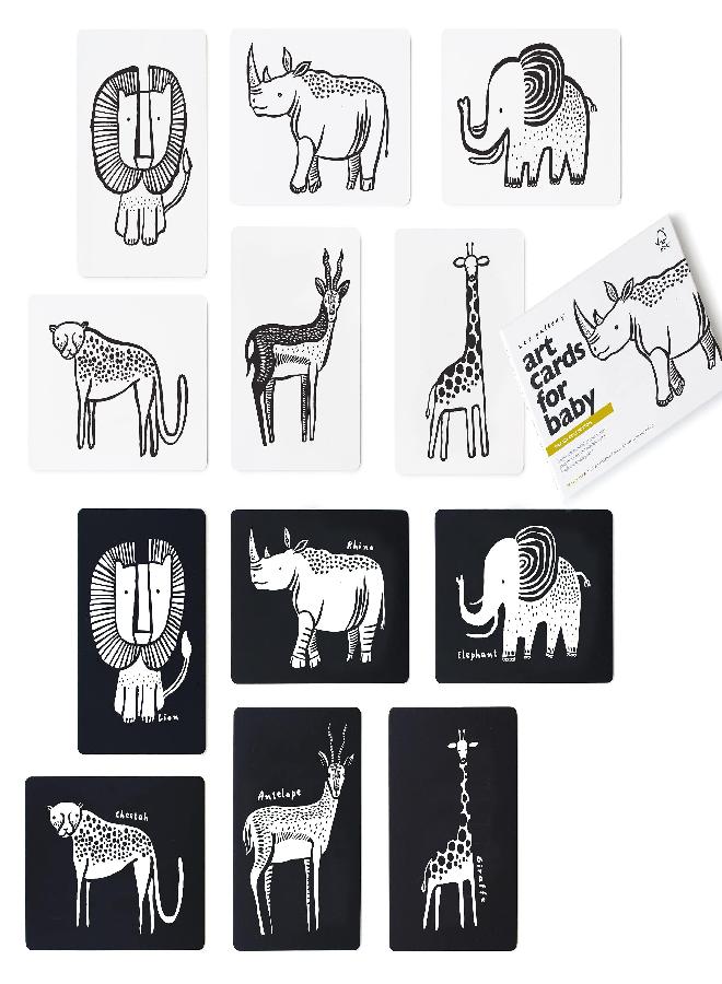 Wee Gallery Black and White Art Flash Cards for Babies, High Contrast Educational Animal Picture Cards, for Visual Stimulation, Brain and Memory Development in Infants and Toddlers Safari Animals