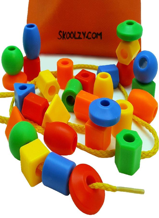 Skoolzy Rainbow Lacing Beads for Toddlers 37 Piece Set - Shape and Color Recognition Montessori Toys Occupational Therapy Toddler Activities Educational Toys for Kids 4+ Includes String and Bag