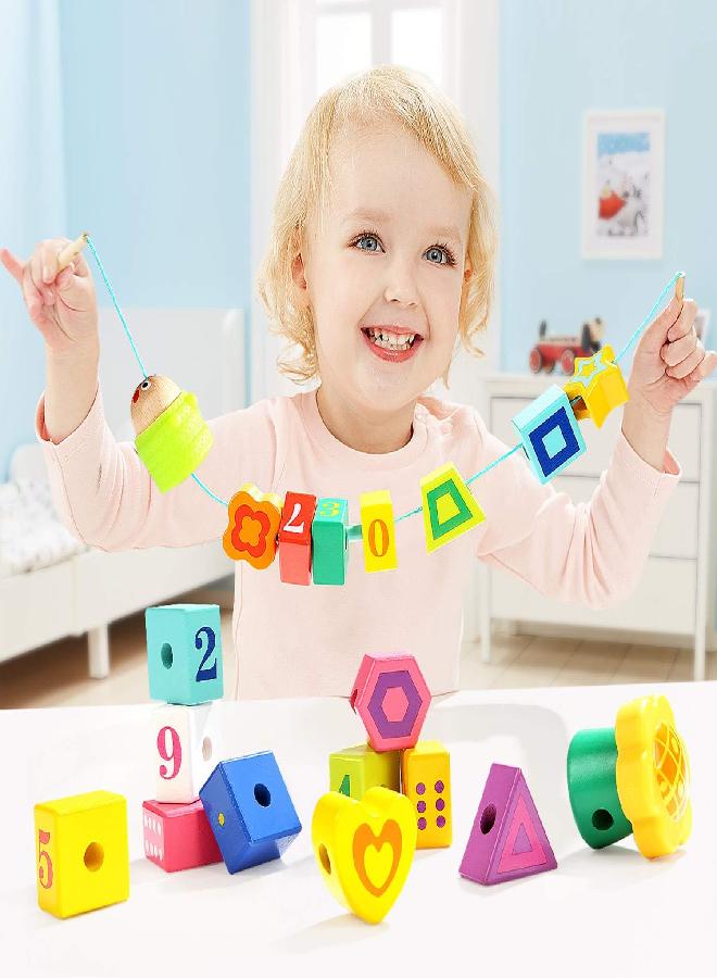 TOP BRIGHT Wooden Lacing Beads for Toddlers, Kids Fine Motor Skills Montessori Toys for 2 Year Old Girls Boys, Threading Toys for Two Year Old Girl Birthday Gifts