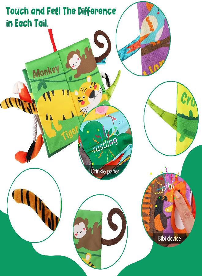 beiens Baby Books Toys, Touch and Feel Crinkle Cloth Books for Babies, Infants & Toddler, Early Development Interactive Car & Stroller Soft Toys Gifts for Boys & Girls (Jungle Tails-1 Book)