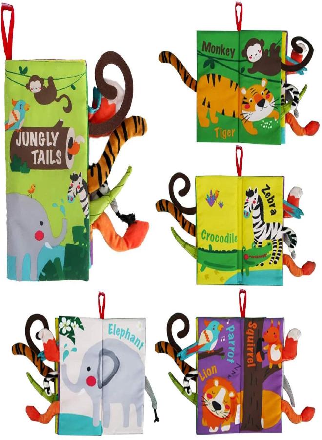 beiens Baby Books Toys, Touch and Feel Crinkle Cloth Books for Babies, Infants & Toddler, Early Development Interactive Car & Stroller Soft Toys Gifts for Boys & Girls (Jungle Tails-1 Book)