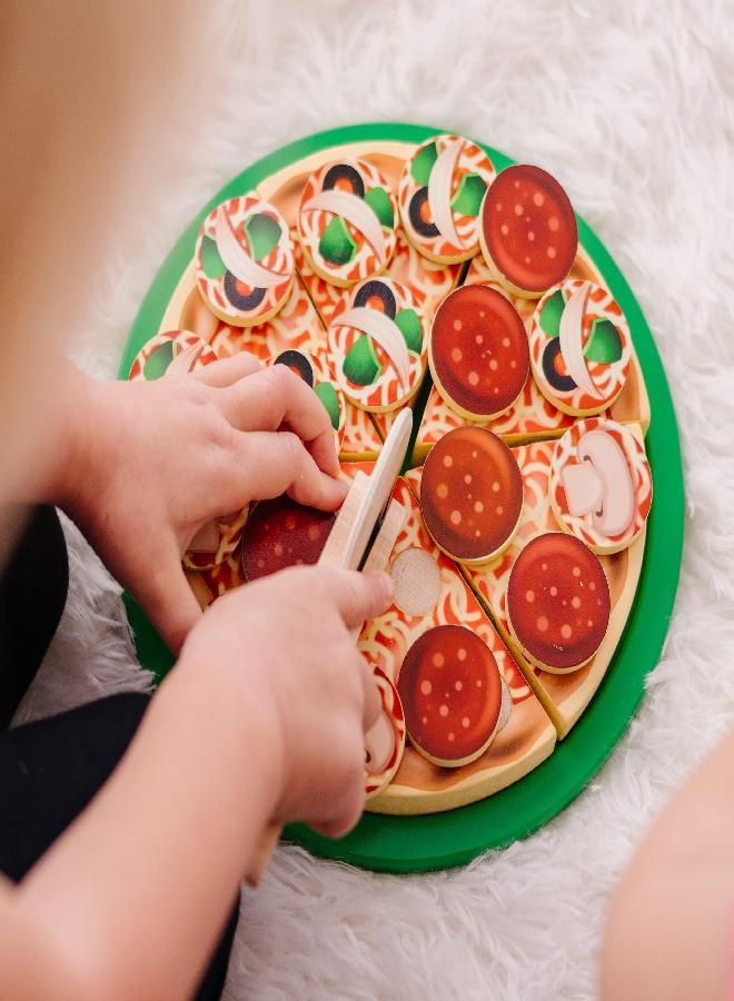 Melissa & Doug Wooden Pizza Play Food Set With 36 Toppings - Pretend Food And Pizza Cutter/ Toy For Kids Ages 3+