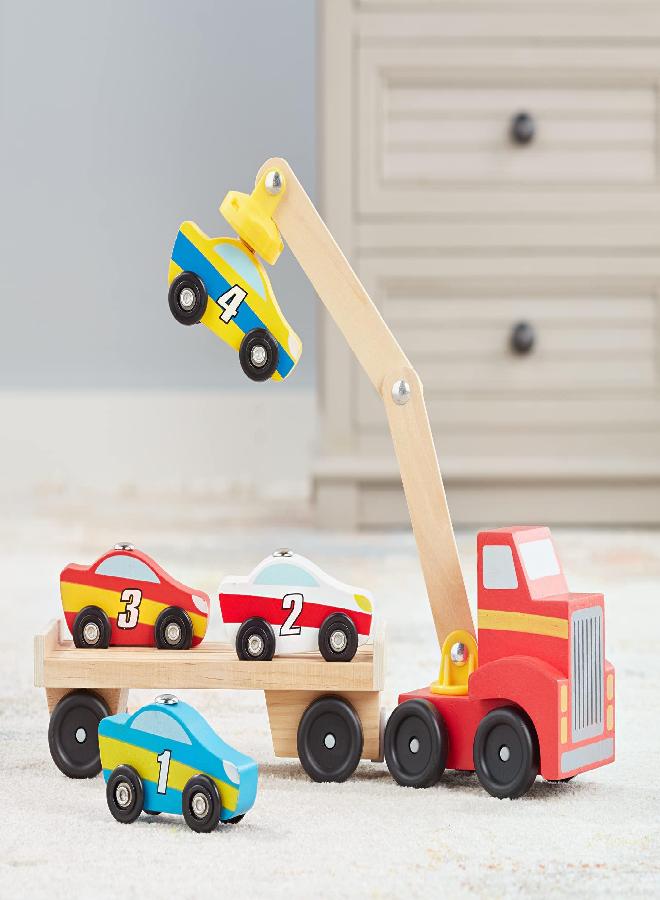 Melissa & Doug Magnetic Car Loader Wooden Toy Set With 4 Cars and 1 Semi-Trailer Truck - Crane Wooden Toy, Vehicle Toys For Kids Ages 3+