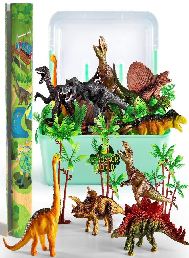 TEMI Dinosaur Toys for Kids 3-5 with Activity Play Mat & Trees, Realistic Jurassic Dinosaur Set to Create a Dino World Includes T-Rex, Triceratops, Velociraptor, Great Gift for Toddlers Boys & Girls