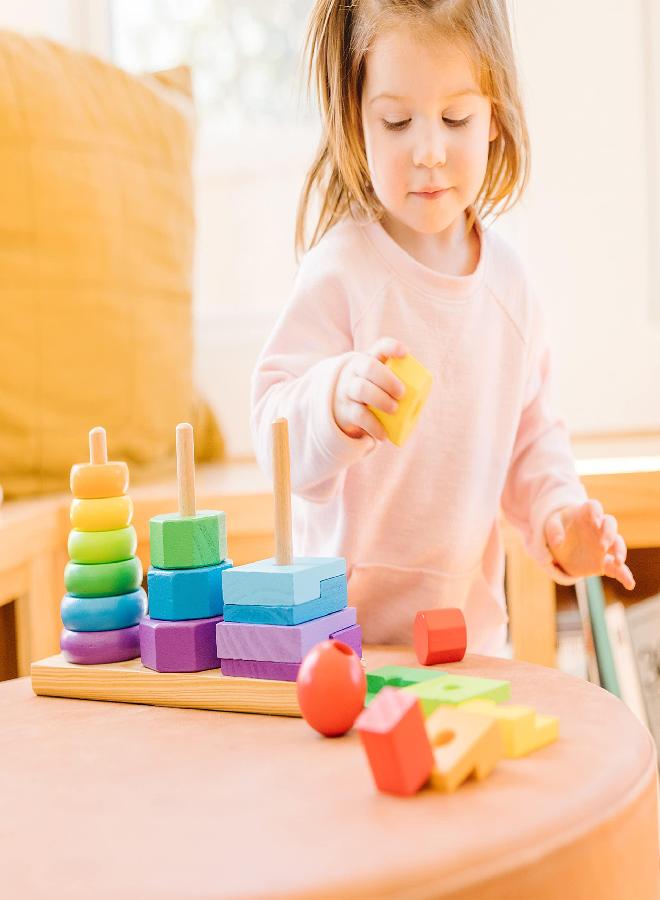 Melissa & Doug Geometric Stacker - Wooden Educational Toy - Shape Sorter And Stacking Toy, Stacking Tower Toy For Babies, Toddlers And Kids Ages 2+