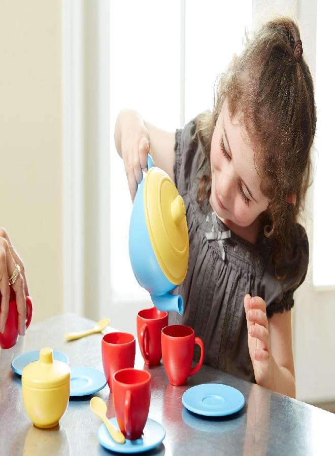 Green Toys Tea Set, Blue/Red/Yellow - 17 Piece Pretend Play, Motor Skills, Language & Communication Kids Role Play Toy. No BPA, phthalates, PVC. Dishwasher Safe, Recycled Plastic, Made in USA.
