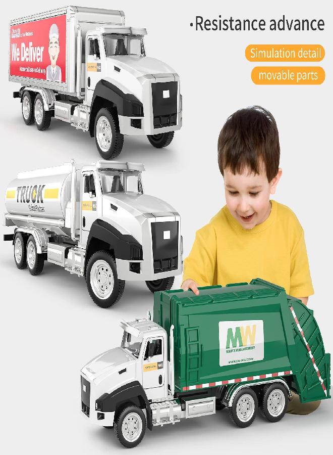 TEMI 3 Pack of Diecast City Transport Vehicles, Garbage, Tanker, Express Delivery, 1/50 Scale Metal Collectible Models With Opening Doors for Boys and Girls