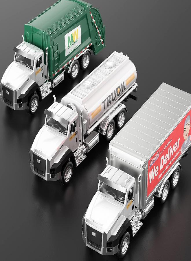 TEMI 3 Pack of Diecast City Transport Vehicles, Garbage, Tanker, Express Delivery, 1/50 Scale Metal Collectible Models With Opening Doors for Boys and Girls