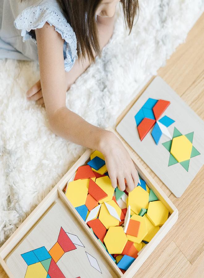 Melissa & Doug Pattern Blocks and Boards - Classic Toy With 120 Solid Wood Shapes and 5 Double-Sided Panels, Multi-colored - STEAM Toy, Wooden Pattern Blocks Animals, Tangrams Puzzle For Kids Ages 3+