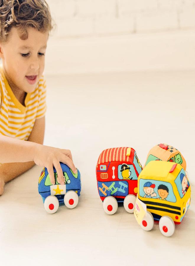 Melissa & Doug K's Kids Pull-Back Vehicle Set - Soft Baby Toy Set With 4 Cars and Trucks and Carrying Case - Pull Back Cars, Soft Vehicles Toys For Babies And Toddlers