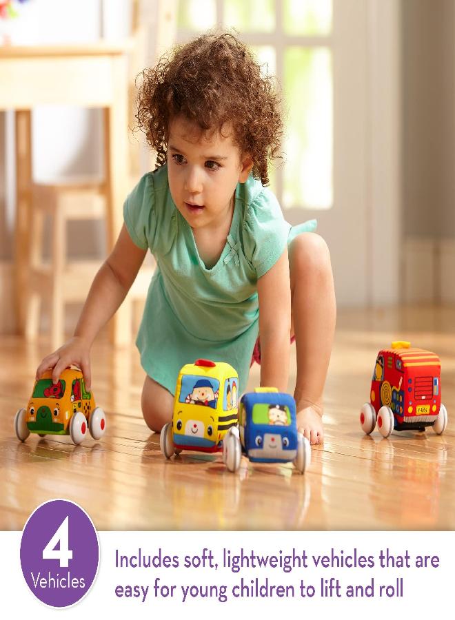 Melissa & Doug K's Kids Pull-Back Vehicle Set - Soft Baby Toy Set With 4 Cars and Trucks and Carrying Case - Pull Back Cars, Soft Vehicles Toys For Babies And Toddlers