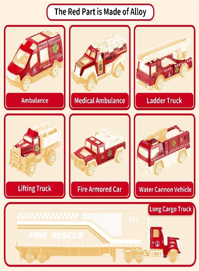 TEMI Diecast Emergency Fire Rescue Vehicle Toy Set w/Play Mat, Truck Carrier,Fire Truck,Ambulance, Alloy Metal Fire Fighting Car Play Set for 3 4 5 6 Years Old Toddlers Kids Boys and Girls