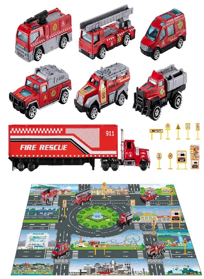 TEMI Diecast Emergency Fire Rescue Vehicle Toy Set w/Play Mat, Truck Carrier,Fire Truck,Ambulance, Alloy Metal Fire Fighting Car Play Set for 3 4 5 6 Years Old Toddlers Kids Boys and Girls