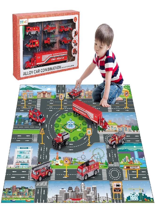 TEMI Diecast Emergency Fire Rescue Vehicle Toy Set w/Play Mat, Truck Carrier,Fire Truck,Ambulance, Alloy Metal Fire Fighting Car Play Set for 3 4 5 6 Years Old Toddlers Kids Boys and Girls