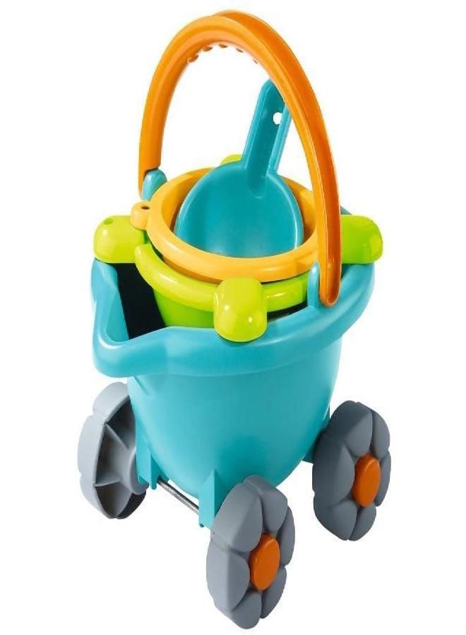 HABA Sand Bucket Scooter - 4 Piece Nesting Beach Toy Set for Toddlers with Portable Sand Bucket, Sieve, Shovel and Pail on Wheels