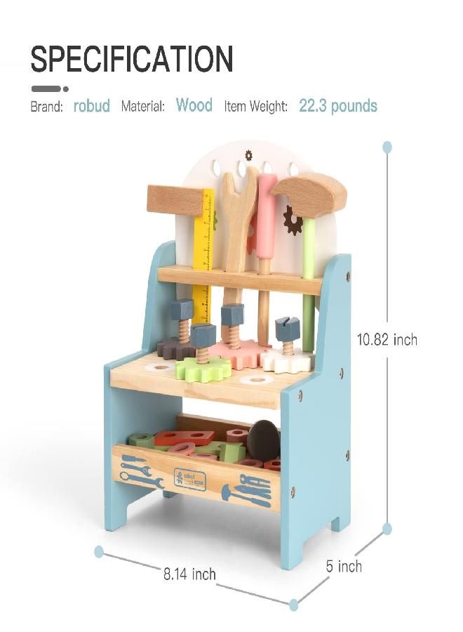 ROBUD Mini Wooden Play Tool Workbench Set for Kids Toddlers - Construction Toys Gift for 18 Months 2 3 4 5 Years Old Boys Girls