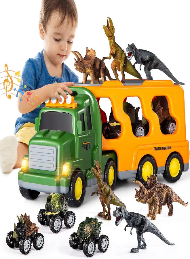 TEMI Dinosaurs & Truck Toys for Kids 3-5 Years, Transport Car with 3 Dino Figures & 3 Monster Cars, Friction Toy Vehicle in Carrier Truck with Light & Sound, Toddler Play Gift Set for 2 3 4 6 Years