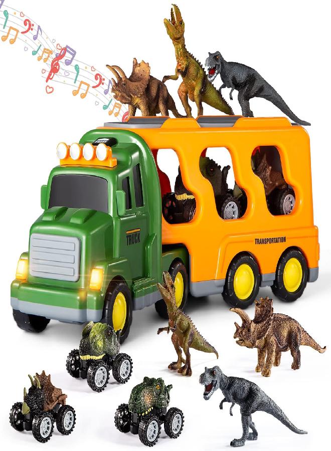 TEMI Dinosaurs & Truck Toys for Kids 3-5 Years, Transport Car with 3 Dino Figures & 3 Monster Cars, Friction Toy Vehicle in Carrier Truck with Light & Sound, Toddler Play Gift Set for 2 3 4 6 Years