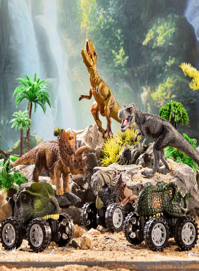 TEMI Dinosaurs & Truck Toys for Kids 3-5 Years, Transport Car with 3 Dino Figures & 3 Monster Cars, Friction Toy Vehicle in Carrier Truck with Light & Sound, Toddler Play Gift Set for 2 3 4 6 Years