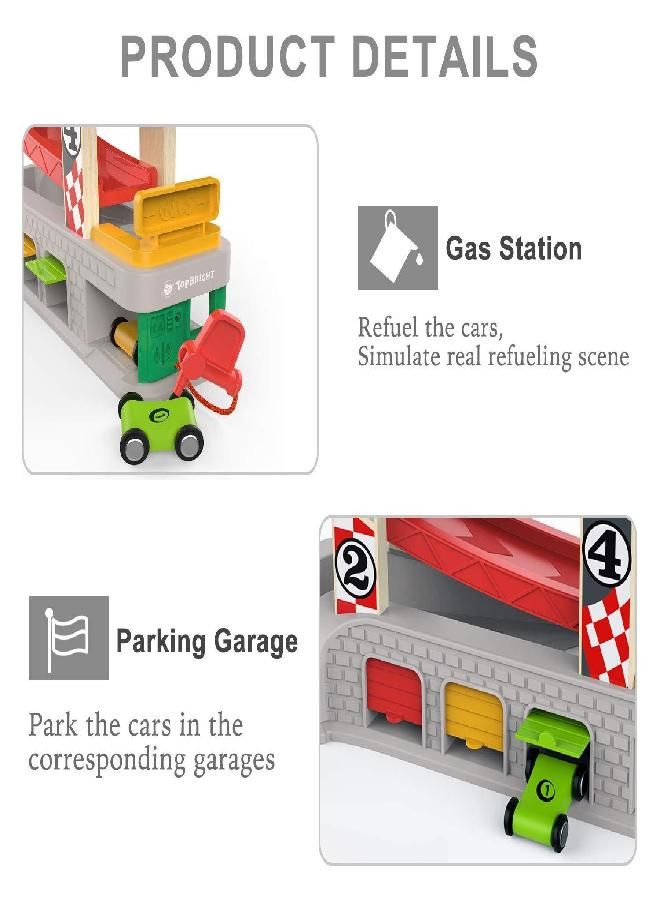 TOP BRIGHT Car Ramp Toy for 1 2 3 Year Old Boy Gifts, Toddler Race Track Toy for 18 Month Old with 4 Wooden Cars and 3 Car Garage