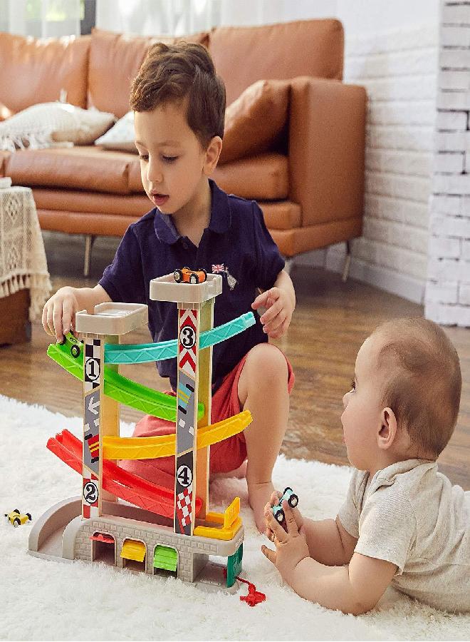 TOP BRIGHT Car Ramp Toy for 1 2 3 Year Old Boy Gifts, Toddler Race Track Toy for 18 Month Old with 4 Wooden Cars and 3 Car Garage