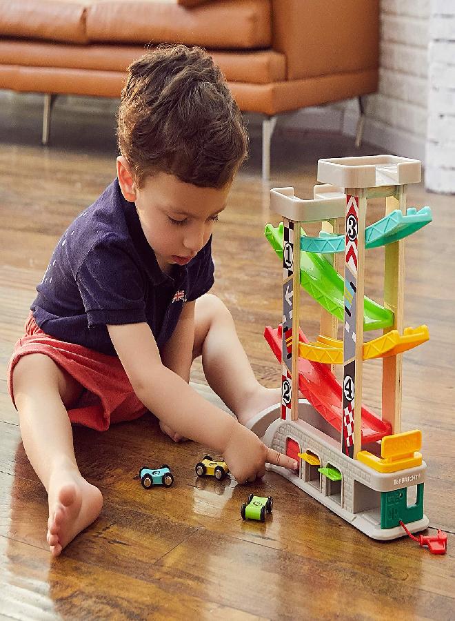 TOP BRIGHT Car Ramp Toy for 1 2 3 Year Old Boy Gifts, Toddler Race Track Toy for 18 Month Old with 4 Wooden Cars and 3 Car Garage