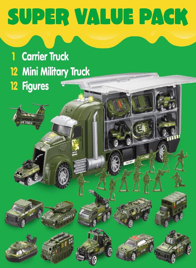 JOYIN 25 in 1 Green Military Big Truck Toys, Army Men Toys, Army Tanks Set with Soldier Men, Mini Battle Car Toy in Carrier Truck with Lights and Sounds, Gifts for Toddler Kids Boys Ages 3+