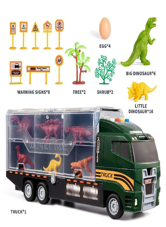 TEMI 39 in 1 Dinosaur Truck Toys for Kids 3-5, Toddler Toys Transport Vehicle Carrier Car with Lights, Music and Sounds, Dinosaur Play Set w/Dino Eggs & Activity Play Mat, Gift for Boys Girls