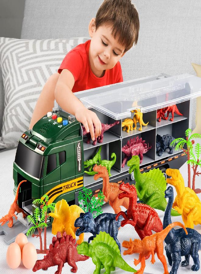 TEMI 39 in 1 Dinosaur Truck Toys for Kids 3-5, Toddler Toys Transport Vehicle Carrier Car with Lights, Music and Sounds, Dinosaur Play Set w/Dino Eggs & Activity Play Mat, Gift for Boys Girls