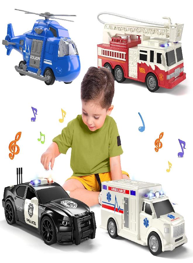 TEMI 4 Pack Emergency Vehicle Toys Playsets for Kids, Rescue Helicopter, Police Car, Fire Truck, Ambulance Friction Powered Rescue Vehicle Toys for Toddlers, Car Toys Gift for Age 3-12 Boys Girls