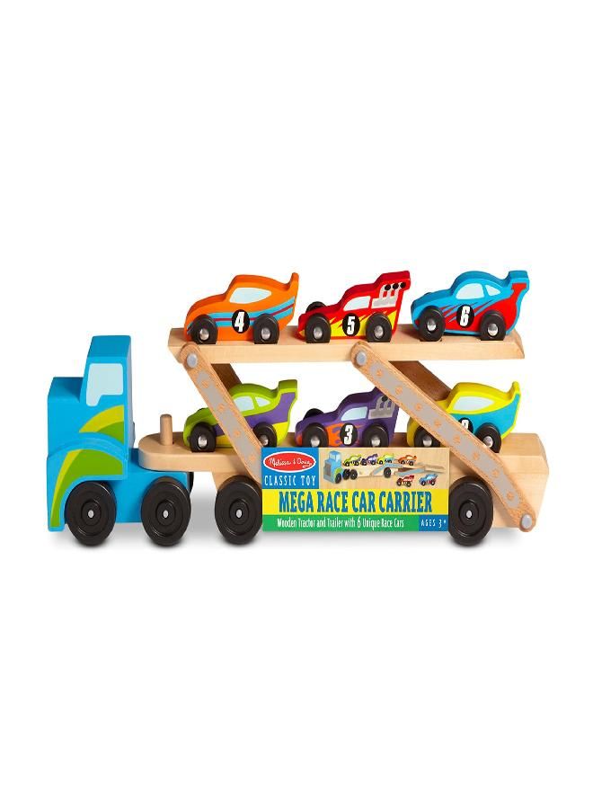 Melissa & Doug Mega Race-Car Carrier - Wooden Tractor and Trailer With 6 Unique Race Cars