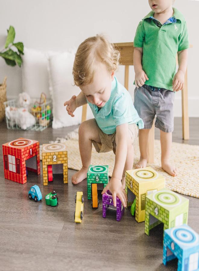 Melissa & Doug Nesting and Sorting Garages and Cars With 7 Graduated Garages and 7 Stackable Wooden Cars - Numbers Learning Toys, Car Garage Toy, Sorting And Stacking Toys For Toddlers Ages 2+